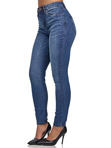 Tazzio Damen High Waist Skinny Jeans – Stretch Denim Hose im Slim Fit, Figurformende Damenjeans mit 5-Pocket Style, Blau F107 (Größe 48)