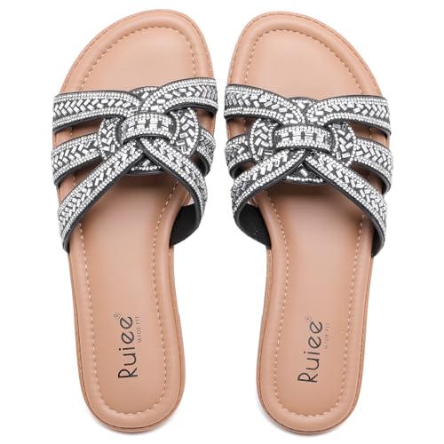 Ruiee Wide Width Sandals for Women, Fashion Slide Sandal Diamond Sparkly Bling Casual Dressy Flat Slides Comfort Bride Wedding Summer Slip on Wide Feet Womens Sandals. 250776 Black Size8.5