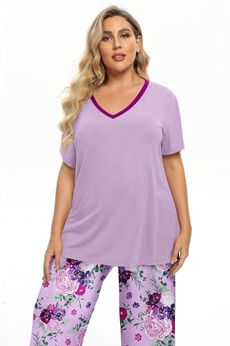 Image of Vozanet Women's Pajama Sets Short Sleeve with Long Pant Soft Sleepwear Printed pj Loungewear With TWO Pockets Size 1X to 5X
