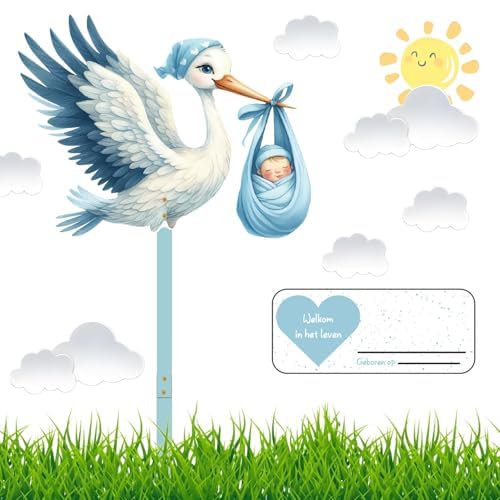 Klapperstorch Set zur Geburt Baby,83 cm hoch Babystorch,Großer niedliche Holz Klapperstorch für Baby,Beidseitig Bedruckt,Geburtsstorch inkl,Holzstab+ Namensschild Grußkarte