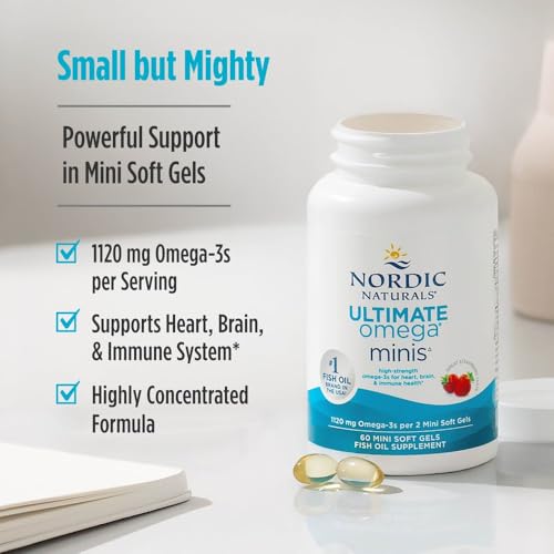 Image of Nordic Naturals Ultimate Omega - Minis 1120 Mg Omega 3 Fish Oil Supplement EPA & DHA | Optimum Wellness & Heart Health | Strawberry Fish Oil For Men And Women | 60 Mini Softgels