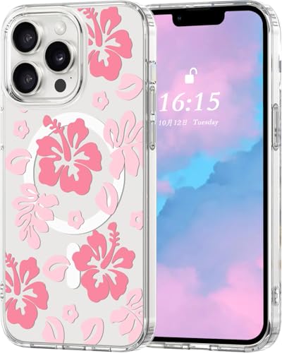 Houdqklee Magnetic Hibiscus Floral Case Cover for iPhone 16 Pro max, Cute Girly Pink Hibiscus Flower Phone Case Compatible with MagSafe, Clear Soft Slim Shockproof Protective Case for Women Girls - image 1