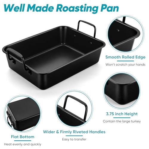 TeamFar Roasting Pan, 16’’ Nonstick Deep Lasagna Brownie Turkey Pan with V-Shaped Rack & Cooling Rack, with Stainless Steel Core & Nonstick Coating, Healthy & Sturdy Handles, Easy to Clean, Set of 3