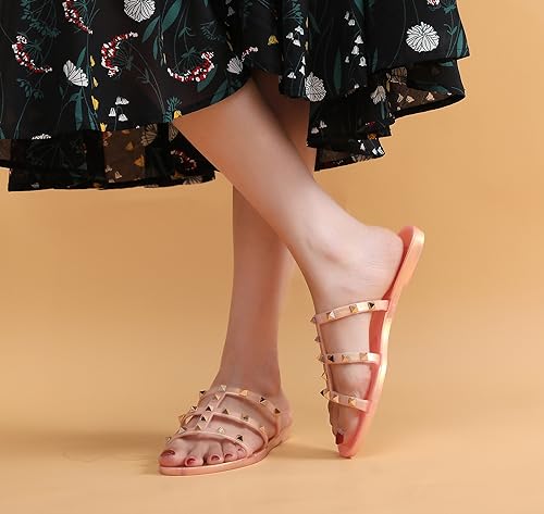 Image of Women Flats Sandals, Studded Jelly Shoes Size 9 Red Dressy Summer Beach Rivets Strappy Jellies Slide Slip On Open Toes