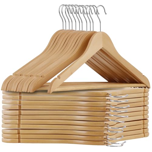 JupiterForce Wooden Hangers 50 Pack, Non-Slip Coat Hangers with 360 Degree Swivel Hook & Shoulder Grooves, Wood Suit Hangers, Clothes Hangers for Coats, Shirts, Pants, Jackets, Dress (Natural)
