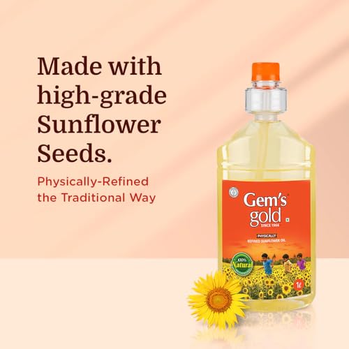 Image of Gem's Gold physically refined sunflower Cold Pressed Cooking Oil 500 Ml | Smart Bottle Helps reduce consumption up to 30% | Chemical Free, Kacchi Ghani, Chekku | Physically Refined Sunflower Oil