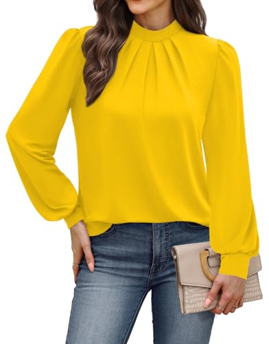 Image of WIHOLL Long Sleeve Shirts for Women Mock Neck Tops Pleated Front Blouses Dressy Casual Spring Fall Clothes 2026 Fashion