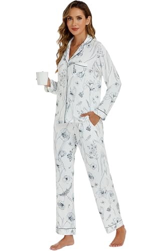 Image of LUBOT 100% Cotton Pajamas for Women Pajama Set 2 Piece PJ Sleepwear Set Soft Ladies Button Knit Long Sleeve Loungewear XS-XXL