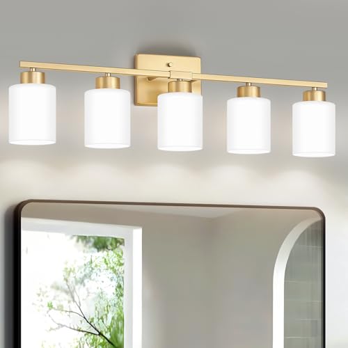 FonmYim Gold Bathroom Light Fixtures, 5-Light Modern Vanity Light Over Mirror, Wall Sconces with...