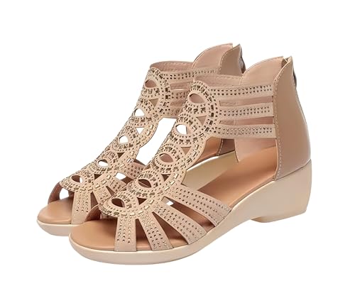 Mid-Heel Breathable Wedge Sandals Chic Summer Rhinestone Wedge Sandals for Women - Open Toe, Back Zipper, Breathable Fabric, Mid-Heel