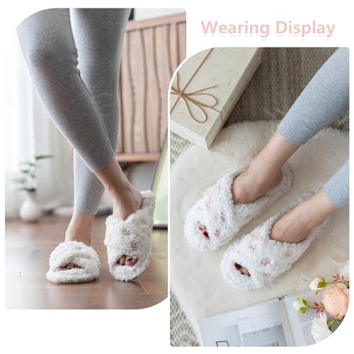 Image of GOEWY Fuzzy Open Toe Slippers for Women Cozy Memory Foam House Shoes Indoor | Cute Cross Band,Soft Faux Fur,Anti-slip Sole Outdoor,Machine-washable,Lightweight,Slip on Gifts for Women,Mom and Bridesmaid