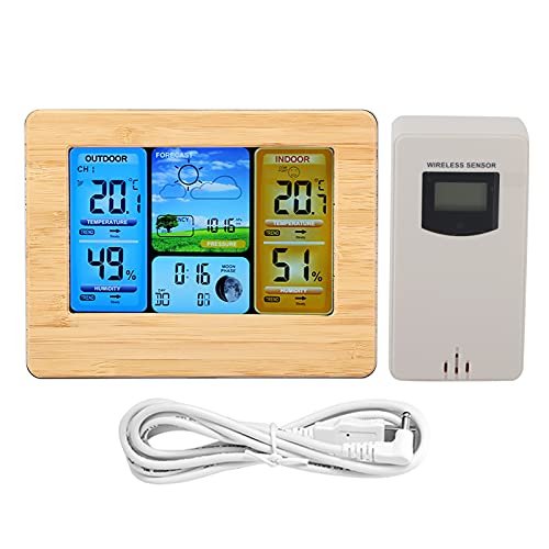 Estación Meteorológica Inalámbrica LCD Reloj Digital Termómetro Interior Exterior Humedad Montado en la Pared o Sensor Arriba a la Derecha con Alarma Pronóstico de Fase Lunar (Neutra - amarilla)