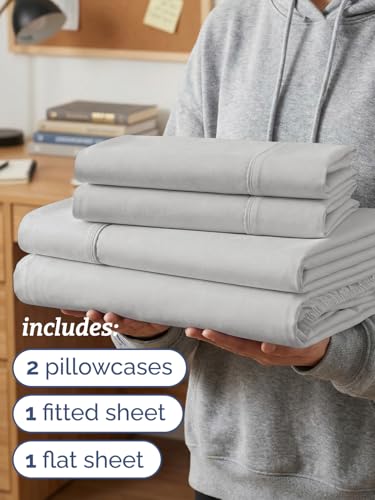 Image of Twin XL 4 Piece Sheet Set - College Dorm Room Essentials - French Grey | Ultra Soft Dorm Bedding Set, 8 inch to 16 inch Inch Deep Pockets, 1 Flat & 1 Fitted Sheet & 2 Pillowcases, Wrinkle & Fade Free