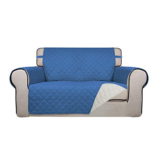 Image of PureFit Reversible Quilted Sofa Cover, Water Resistant Slipcover Furniture Protector, Washable Couch Cover with Non Slip Foam and Elastic Straps for Kids, Dogs, Pets (Loveseat, Blue /Ivory)