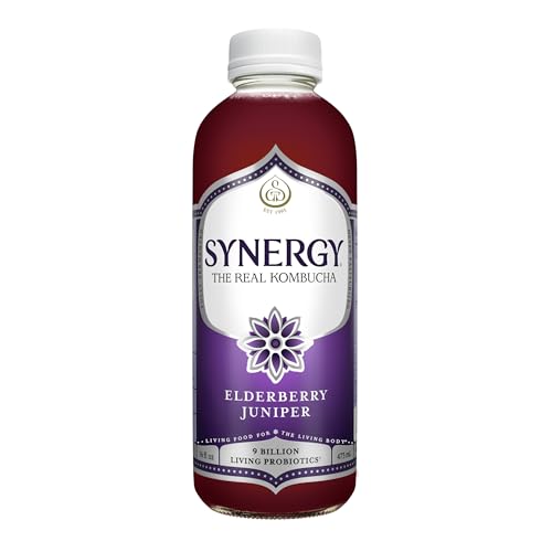 SYNERGY The Real Kombucha - Elderberry Juniper - 16 fl oz Bottle - Raw Probiotic Drink for Gut Health and Immune Support