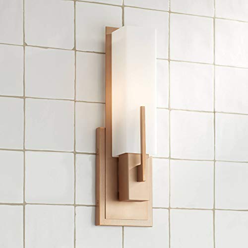 Image of Possini Euro Design Midtown Modern Wall Sconce Lighting Burnished Brass Hardwired 15 inch High Fixture Rectangular White Glass for Bedroom Bathroom Bedside Living Room Home Hallway Dining Kitchen