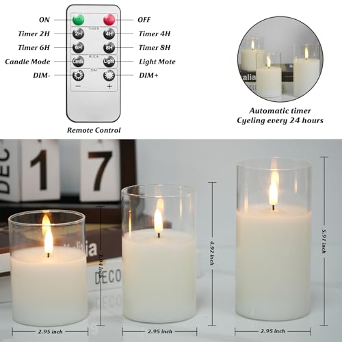 Image of Flameless Candles in Glass with Remote | Flashing LED Pillar Real Wax Fake Candle With Timer, Battery Operated For Wedding Home Decorations - 3Pack
