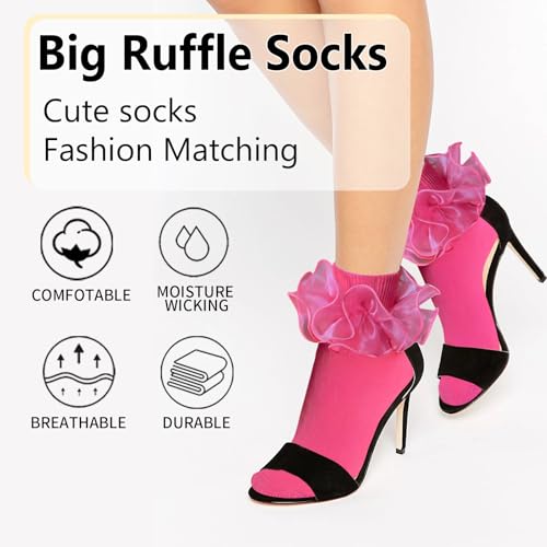Image of Women Big Ruffle Ankle Socks Adult Double Lace Frilly Socks Fold Cuff Cotton Ruffled Dress Crew Bobby Bride Sock