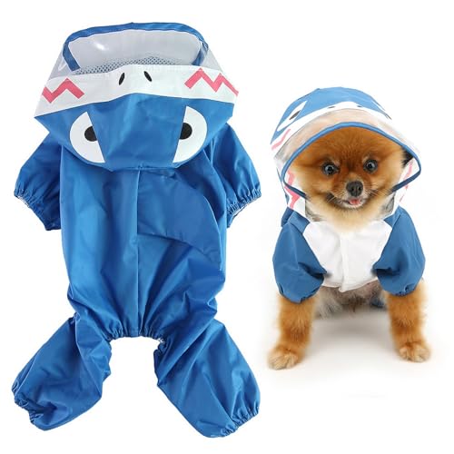 SMALLLEE_LUCKY_STORE Cute Shark Raincoat for Small Dogs with Clear Hoood Leash D-Ring Puppy Botton Down Rain Jacket Full Boby 4 Leg Jumpsuit Lightweight Waterproof Clothes,Blue XS