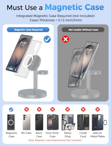 Image of Aeinidi Magnetic Wireless Charger for Samsung, 3 in 1 Super Fast Charging Station for MagSafe Charger Stand for Galaxy S26 Ultra Z Fold /Flip 8, Watch Ultra 8 7, Buds 4 /3 Pro, Not for Watch 9 /Ultra 2