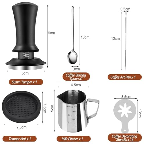 Ruiqas 51mm Coffee Tamper Set 22 PCS Espresso Accessories Kit with Spring Loaded Calibrated Tamper,WDT Tool, Mat, Stirrer, Latte Art Pen, Milk Frothing Pitcher and Stencils