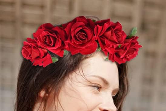 AKOAK 1 Pack Rose Crown Hair Garland, Mexican Bohemian Flower Headband for Women Girls, Wedding Headwear, for Weddings, Cosplay, Travel, Beach, Photos, Parties (Red) - Image 7