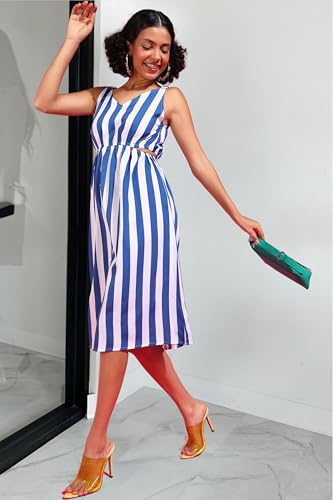 Image of POPWINGS Women Casual Blue & White Stripe Cutout Dress Dress | Stylish Dress | Trendy Dress