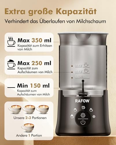 Milchaufschäumer Elektrisch 5 in 1 - Automatische Milchschäumer 350ml Großes Fassungsvermögen Milch Dampfer Spülmaschinenfest für Heißer Kalter Milchschaum Heiße Schokolade Latte Cappuccino Schwarz