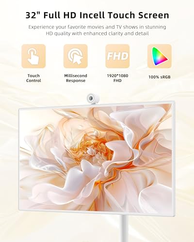 Image of 32 inch Portable TV on Wheels, 1080p Smart Touchscreen Display, Rolling Monitor with Magnetic Wide-Angle Camera, Android 13,Built-in 6-8h Battery, 10W Stereo Speakers,Remote Control, 6+128GB Storage,White