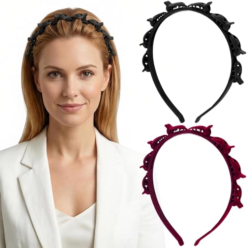 PAGOW 2pcs Headband with Clips for Women, Double Layer Bangs Hair Clip Hairpin Headbands with Teeth, Vintage 90s Braided Headband Accessories for Daily, Parties, Festivals Hairstyling-Wine Red, Black