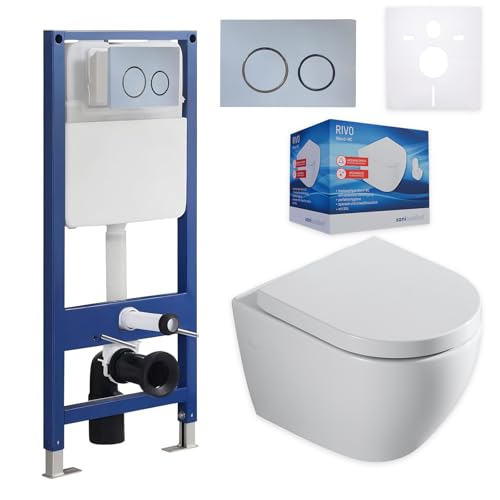 sanicomfort Wand WC-Set Rivo + Vorwandelement inkl. runder Betätigungsplatte hellgrau | Unterputz-Komplettset mit 2-Mengen-Spülung | modernes & pflegeleichtes WC-System