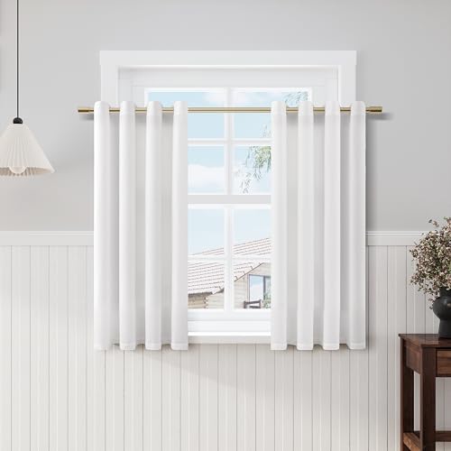 Image of Nanspring White Linen Curtains 54 Inch Length 2 Panels Set Grommet Top Semi Sheer Lightweight Short Window Curtain Drapes Semitransparent Privacy Drapes for Cafe Kitchen Basement Dining Room 52x54