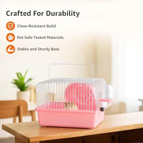 Image of Amazon Basics Hamster, Gerbil, Guinea Pig Cage and Playhouse | Pink | Spacious Plastic Cage for Small Pets | Double Story with Slide, Exercise Wheel and Feeding Bottle | LxWxH- 23x 17x 25 Cm