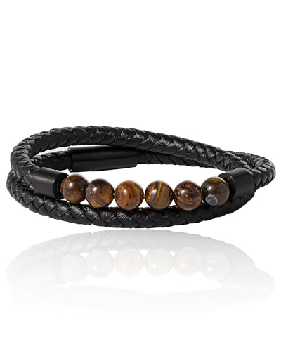 SALLY ROSE Lucky Brand Braided Cord Men's Bracelet with Tiger's Eye Beads, Stainless Steel Hardware