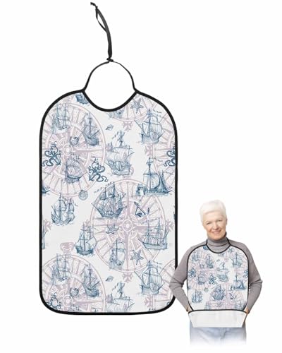 LEOKOTI Navy Blue Nautical Adult Bibs for Eating, Waterproof Bibs with Food Catcher & Adjustable Snap Closure, Summer Beach Coastal Starfish Sailing Washable Clothing Protectors Adult Bibs for Elderly