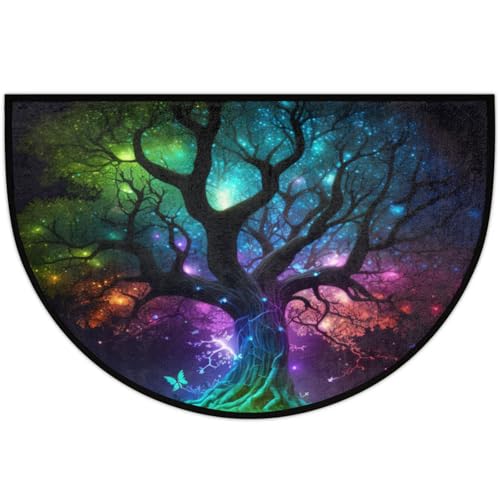 Image of Half Round Doormat Tree of Life Butterfly Non Slip Half Circle Area Rugs Indoor Washable Half Moon Rug Semi Circle Bathroom Runner Mat Entrance Floor Carpet for Kithen Bedroom Fireplace Decor