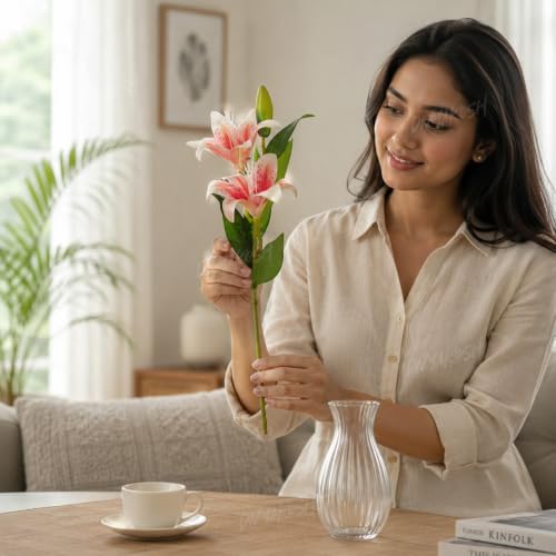 Image of Divyakosh Artificial Flower Bunch - Multiflora Fabric (1 Stick - 2 Lily Flowers) Home Decor, Bedroom, Living Room, Wedding & Festive Decoration (Color - Pink) (Without Vase)