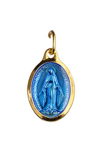 Médaille de la Vierge Miraculeuse, dorée or fin 24 carats, forme ovale et email bleu. Entièrement produite à Lourdes. Conditionnée sur un carton et dans un sachet transparent bleu-blanc-rouge Cover