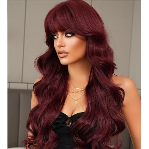 Perruque avec frange rouge framboise couvre-tête complet volumineux - 3