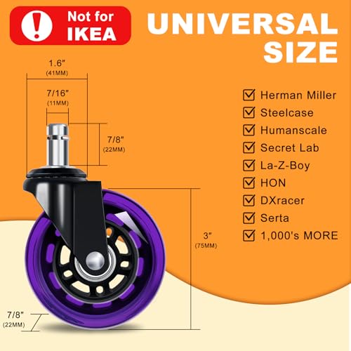 Image of Office Chair Wheels for Casters Replacement - 3 inch Rubber Wheels for Computer Gaming Desk Caster Smooth & Safe Rolling for All Floors Including Hardwood and Carpet - Set of 5 - Purple