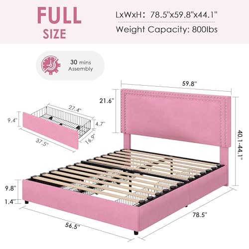 Image of VECELO Full Size Upholstered Bed Frame with 4 Storage Drawers, Adjustable Velvet Rivet Decor Headboard, Wooden Slats Platform Support, No Box Spring Needed, Easy Assembly,Pink