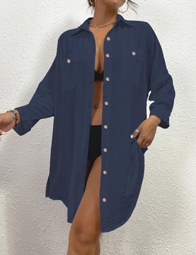 Image of Bsubsach Button Down Swimsuit for Women Sweatshirt Dress with Ruffled Sleeves Beach Shirt