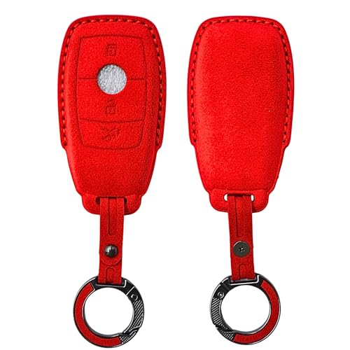 Image of KMH Alcantara Car Key Cover Compatible with Mєrcєdєs W205, E320L, C200, C180, C260, C300 Series Model 3 Buttons Shell Case Holder Full Key Protector Smart Keycover with Keychain, Red - Pack of 2