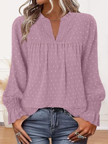 BETTE BOUTIK Women Boho Long Sleeve Shirts Dressy Casual V Neck Fall Fashion Tops Swiss Dot Flowy Blouses