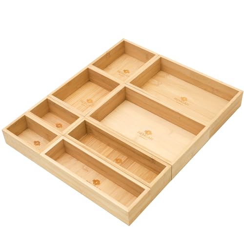 REHGAR Organizador De Cubiertos Para Cajon - Organizador De Bambú De Lujo, Porta Cubiertos De Cocina, Ideal Para Cápsulas De Café, Ajustable, Set De 8 Cajas Multifuncionales