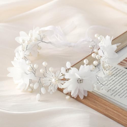 IYOU Commnunion Headpiece for Girls White Flower Wedding Headband Pearl Princess Bridal Hair Accessories - Image 4