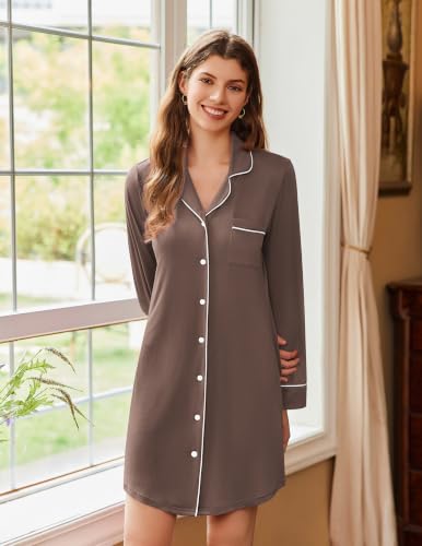 Image of Ekouaer Nightgowns for Women Long Sleeve Night Gown Button Pajama Dress