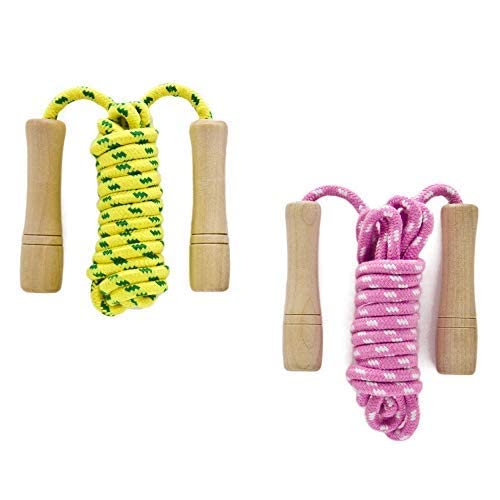 Cotton Jump Rope For Kids - Wooden Handle - Adjustable Cotton Braided Fitness Skipping Rope - Outdoor Fun Activity, Great Party Favor, Exercise Activity, Pack Of 2 (Yellow+Pink) #TOP2