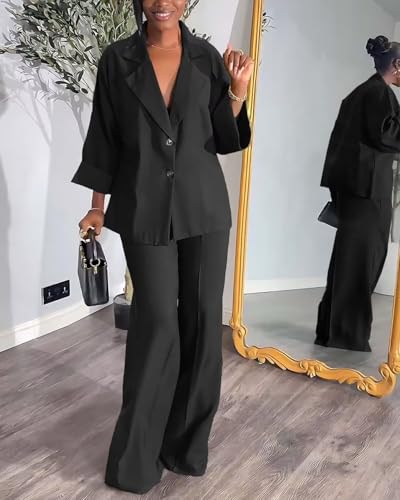 Casual Blazer Pants Suits for Women Dressy Oversized Long Sleeve Blazer and Wide Leg Pants 2 Piece Outfits3