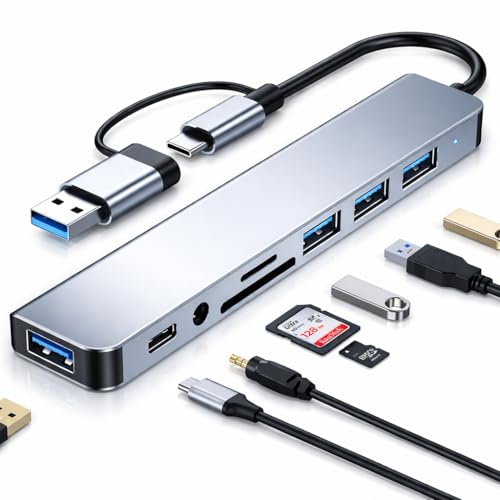Image of Primate 8-in-1 USB-C Hub with Dual USB & Type-C Connectors, AUX Port, USB 3.0 /2.0, SD & microSD Card Reader, Data Transfer Adapter for Laptop, MacBook & PC